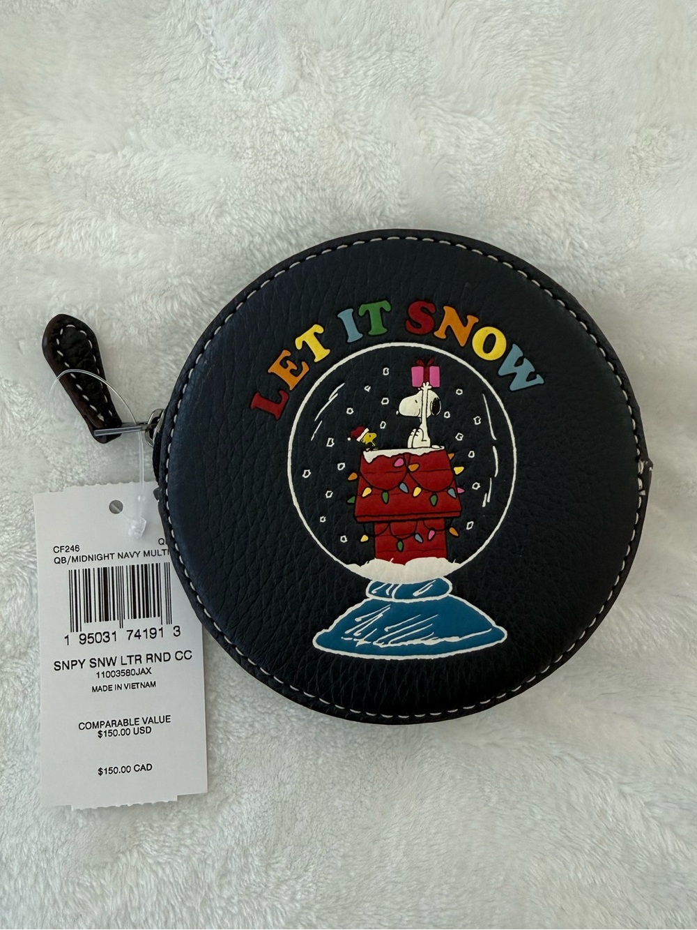 Coach Navy Round Coin Purse with Snoopy Snow Globe and 'LET IT SNOW' Lettering